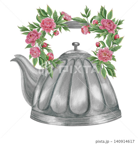 Vintage Watercolor Peony Tea Party Clipart Set Metal grey teapot with peony wreath Botanical Collection PNG transparent background Vintage Watercolor Peony Tea Party Clipart Set Metal grey teapot with peony wreath Botanical Collection PNG transparent background 140914617