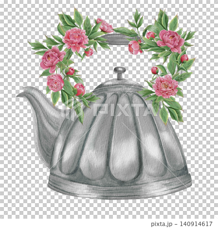 Vintage Watercolor Peony Tea Party Clipart Set Metal grey teapot with peony wreath Botanical Collection PNG transparent background Vintage Watercolor Peony Tea Party Clipart Set Metal grey teapot with peony wreath Botanical Collection PNG transparent background 140914617