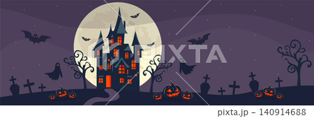 halloween night background with haunted castle and pumpkins vector illustration. halloween night background with haunted castle and pumpkins vector illustration. 140914688