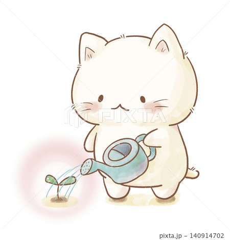 ジョウロで芽に水をあげる可愛い白猫 水彩風 セルフケア メンタルケア イラスト ジョウロで芽に水をあげる可愛い白猫 水彩風 セルフケア メンタルケア イラスト 140914702