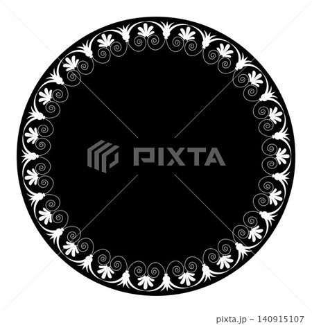 Round frame with Greek key floral meander. Egyptian, Assyrian, Greek, Arabic, ottoman motif. For traditional decorative design, engraving, forging, embroidery, plate, porcelain, textile, ceramic Round frame with Greek key floral meander. Egyptian, Assyrian, Greek, Arabic, ottoman motif. For traditional decorative design, engraving, forging, embroidery, plate, porcelain, textile, ceramic 140915107