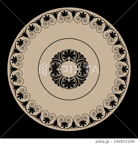 Round frame with pattern in the style of Baroque. Greek meander. Pattern of Greece, ancient Rome. Circle european border. Typical egyptian, assyrian, greek motive. For textile, embroidery, plate Round frame with pattern in the style of Baroque. Greek meander. Pattern of Greece, ancient Rome. Circle european border. Typical egyptian, assyrian, greek motive. For textile, embroidery, plate 140915109