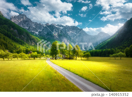 Aerial view of road in alpine mountains, green meadows, trees 140915352