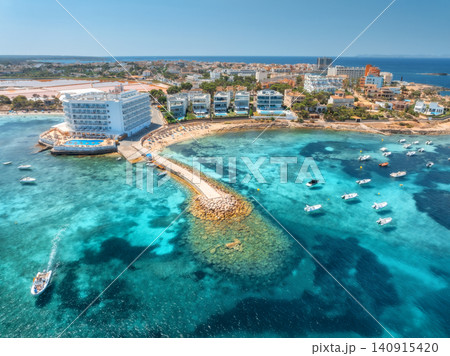 Aerial view of resort, stone pier, boats and yachts, sandy beach Aerial view of resort, stone pier, boats and yachts, sandy beach 140915420