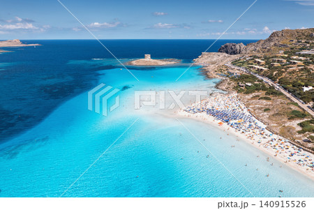Aerial drone view of La Pelosa sandy beach and blue sea in summer Aerial drone view of La Pelosa sandy beach and blue sea in summer 140915526