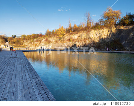 Zakrzowek Park scenic view reflecting limestone quarry lake 140915720