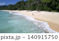 Aerial perspective capturing tranquil island coast with forest and ocean meeting 140915750