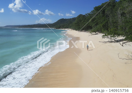 Aerial perspective capturing tranquil island coast with forest and ocean meeting 140915756