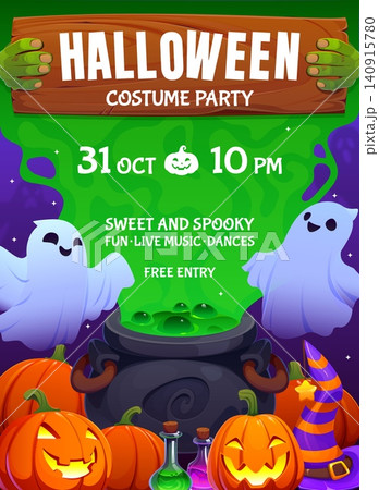 Halloween costume holiday party flyer with ghosts and witch cauldron of green magic potion. Autumn season vector flyer. Halloween party poster with pumpkin face carving, boiling magic potion smoke Halloween costume holiday party flyer with ghosts and witch cauldron of green magic potion. Autumn season vector flyer. Halloween party poster with pumpkin face carving, boiling magic potion smoke 140915780