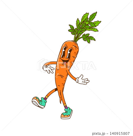 Cartoon groovy barbecue and grill BBQ carrot vegetable character. Barbecue funny groovy vector character, BBQ veggie cheerful mascot. Fresh carrot with green leaves walking and happy smiling character 140915807