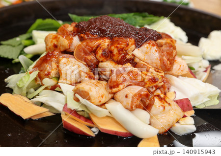 Raw Spicy Korean Chicken Stir Fry Dakgalbi with Vegetables Raw Spicy Korean Chicken Stir Fry Dakgalbi with Vegetables 140915943