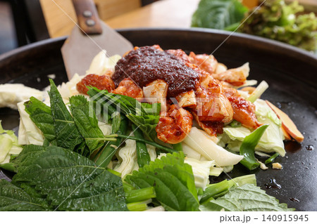 Raw Spicy Korean Chicken Stir Fry Dakgalbi with Vegetables 140915945