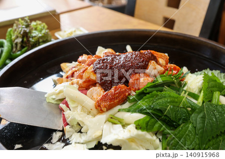 Raw Spicy Korean Chicken Stir Fry Dakgalbi with Vegetables Raw Spicy Korean Chicken Stir Fry Dakgalbi with Vegetables 140915968