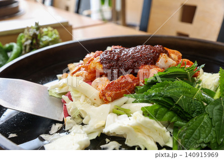 Raw Spicy Korean Chicken Stir Fry Dakgalbi with Vegetables Raw Spicy Korean Chicken Stir Fry Dakgalbi with Vegetables 140915969