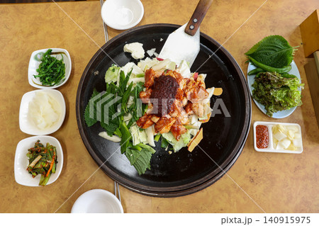 Raw Spicy Korean Chicken Stir Fry Dakgalbi with Vegetables 140915975