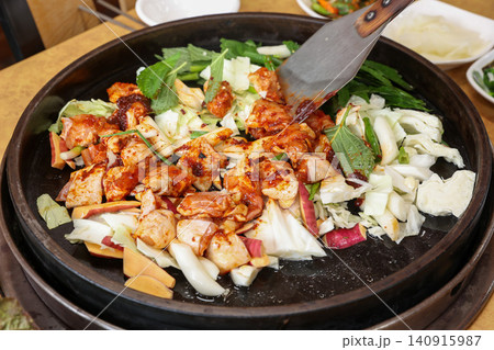 Raw Spicy Korean Chicken Stir Fry Dakgalbi with Vegetables 140915987