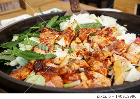 Raw Spicy Korean Chicken Stir Fry Dakgalbi with Vegetables 140915996