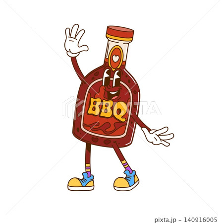 Cartoon groovy barbecue and grill BBQ sauce bottle character. Food grilling groovy vector mascot, barbeque cheerful character. . Barbecue hot tomato sauce or hot chili condiment bottle funny personage 140916005