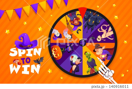 Halloween casino lucky spin wheel. Autumn gamble machine, Halloween party lottery spin game. October holiday casino roulette with witch, mummy ghost, vampire and zombie characters, skeleton hand arrow Halloween casino lucky spin wheel. Autumn gamble machine, Halloween party lottery spin game. October holiday casino roulette with witch, mummy ghost, vampire and zombie characters, skeleton hand arrow 140916011