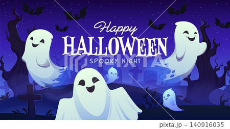 Halloween greetings card with flying eerie and scary ghosts on abandoned night cemetery graveyard. Autumn horror season vector banner, October party flyer. Halloween holiday spooky greeting card Halloween greetings card with flying eerie and scary ghosts on abandoned night cemetery graveyard. Autumn horror season vector banner, October party flyer. Halloween holiday spooky greeting card 140916035