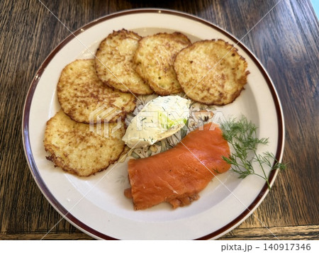 Golden Potato Pancakes with Smoked Salmon and Herb Cream Golden Potato Pancakes with Smoked Salmon and Herb Cream 140917346