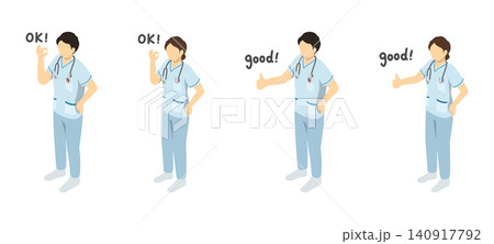 アイソメトリックイラスト:OKとGOODのジェスチャーをする看護師男女(白) アイソメトリックイラスト:OKとGOODのジェスチャーをする看護師男女(白) 140917792