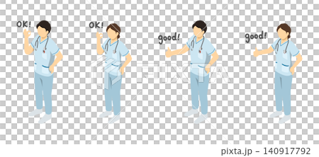 Isometric illustration: Male and female nurses (in white) making OK and GOOD gestures. Isometric illustration: Male and female nurses (in white) making OK and GOOD gestures. 140917792
