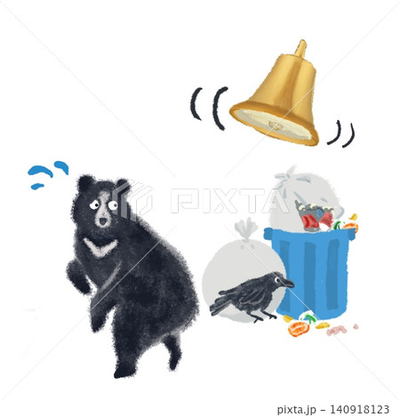 熊鈴の音でゴミから離れるクマのイラスト カラス付き熊対策・熊よけ・ゴミ管理 熊鈴の音でゴミから離れるクマのイラスト カラス付き熊対策・熊よけ・ゴミ管理 140918123