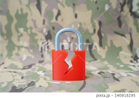 Hacked padlock on a military background. Vulnerability of military computer and communication networks. Hacked padlock on a military background. Vulnerability of military computer and communication networks. 140918295