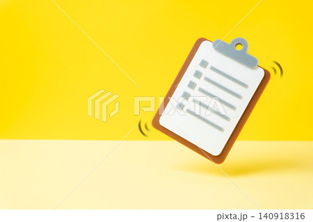 Paper tablet on a yellow background. Tests and audits. Fact sheet. Reports and inspections. 140918316