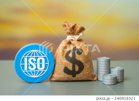 ISO logo and dollar money bag. Global business criteria that improve efficiency, safety, and quality. 140918321