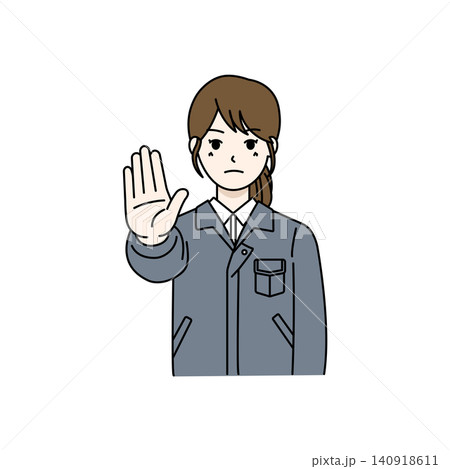 女性作業員 グレー作業服 ストップ 女性作業員 グレー作業服 ストップ 140918611