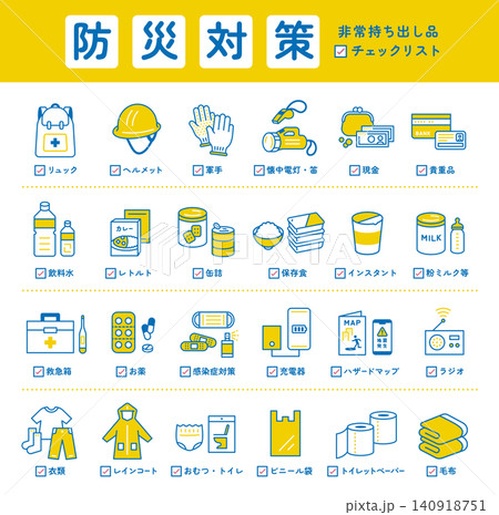 防災対策のアイコン。防災グッズ、避難用品のチェックリスト。 防災対策のアイコン。防災グッズ、避難用品のチェックリスト。 140918751