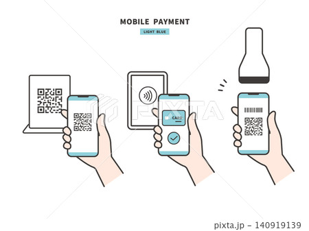 スマートフォンによるQRコード・非接触・バーコード決済の手元イラスト(ライトブルー) スマートフォンによるQRコード・非接触・バーコード決済の手元イラスト(ライトブルー) 140919139