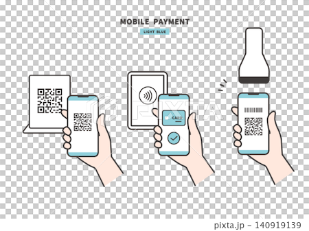スマートフォンによるQRコード・非接触・バーコード決済の手元イラスト(ライトブルー) スマートフォンによるQRコード・非接触・バーコード決済の手元イラスト(ライトブルー) 140919139