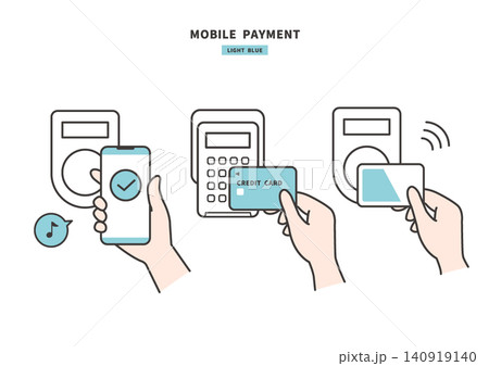 決済端末にかざすスマートフォンとクレジットカードのキャッシュレス決済イラスト(ライトブルー) 決済端末にかざすスマートフォンとクレジットカードのキャッシュレス決済イラスト(ライトブルー) 140919140