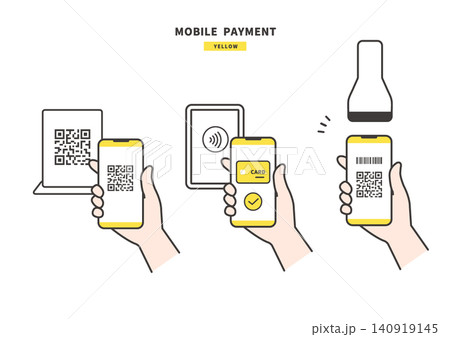 スマートフォンによるQRコード・非接触・バーコード決済の手元イラスト(イエロー) スマートフォンによるQRコード・非接触・バーコード決済の手元イラスト(イエロー) 140919145