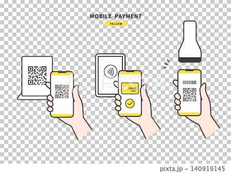 スマートフォンによるQRコード・非接触・バーコード決済の手元イラスト(イエロー) スマートフォンによるQRコード・非接触・バーコード決済の手元イラスト(イエロー) 140919145