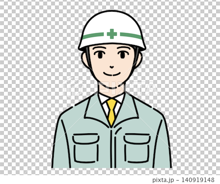 An illustration of a young man wearing a white helmet and work clothes. An illustration of a young man wearing a white helmet and work clothes. 140919148