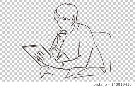 タブレットを見ながら考え込む男性の線画イラスト 140919410