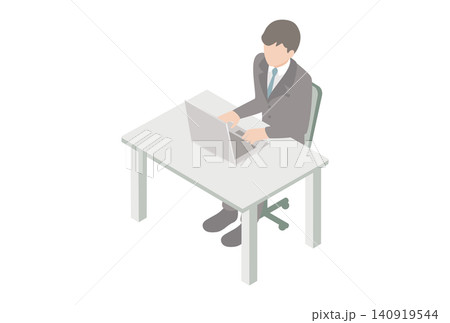 デスクでノートパソコン作業をする男性会社員のアイソメトリックイラスト素材 140919544