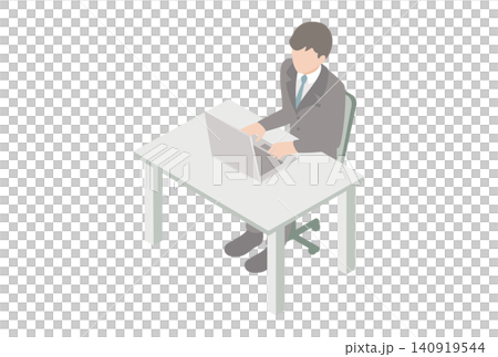 デスクでノートパソコン作業をする男性会社員のアイソメトリックイラスト素材 140919544
