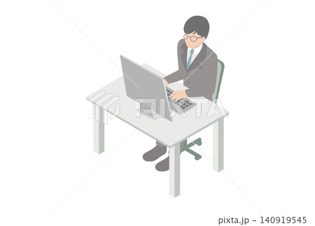 デスクでノートパソコン作業をする男性会社員のアイソメトリックイラスト素材 デスクでノートパソコン作業をする男性会社員のアイソメトリックイラスト素材 140919545