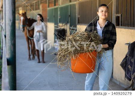 Young woman with bucket of hay in stables 140920279