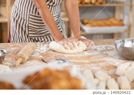 Cute doughs arranged on table in bakery with close-up of female hands skillfully kneading dough at food production line Cute doughs arranged on table in bakery with close-up of female hands skillfully kneading dough at food production line 140920422