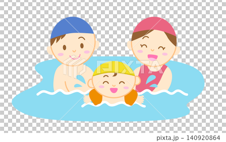 An illustration of a baby and their parents swimming in a pool. An illustration of a baby and their parents swimming in a pool. 140920864