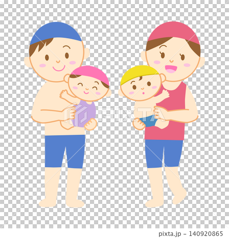 A set featuring a baby in a swimsuit and their parents. A set featuring a baby in a swimsuit and their parents. 140920865