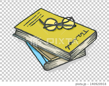 A nostalgic image of round glasses and an illustration of a book. 140920918