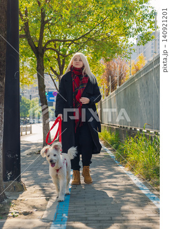 Blonde woman walks happy white dog on red leash along urban sidewalk with green trees during sunny autumn day Blonde woman walks happy white dog on red leash along urban sidewalk with green trees during sunny autumn day 140921201