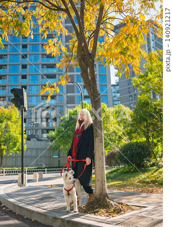 Blonde woman in black coat and red plaid scarf walks small white dog on red leash along urban sidewalk in bright autumn sun Blonde woman in black coat and red plaid scarf walks small white dog on red leash along urban sidewalk in bright autumn sun 140921217